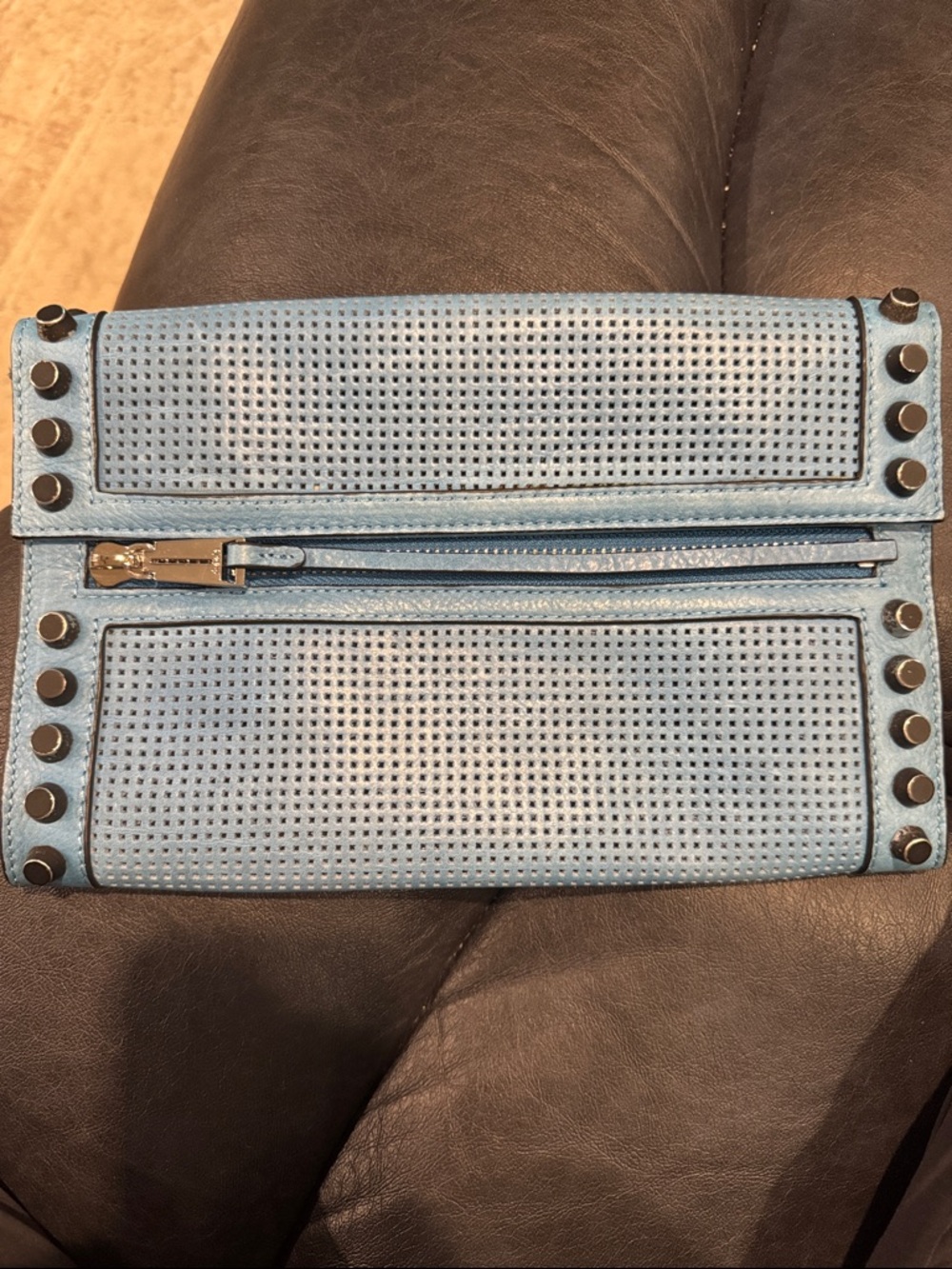She+Lo Perforated Light Blue Leather Clutch with Stud/Rivets Trim